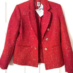 New Anne Klein Red Sequin Blazer with gold buttons. Sz Small. Lined. MSRP $149.0